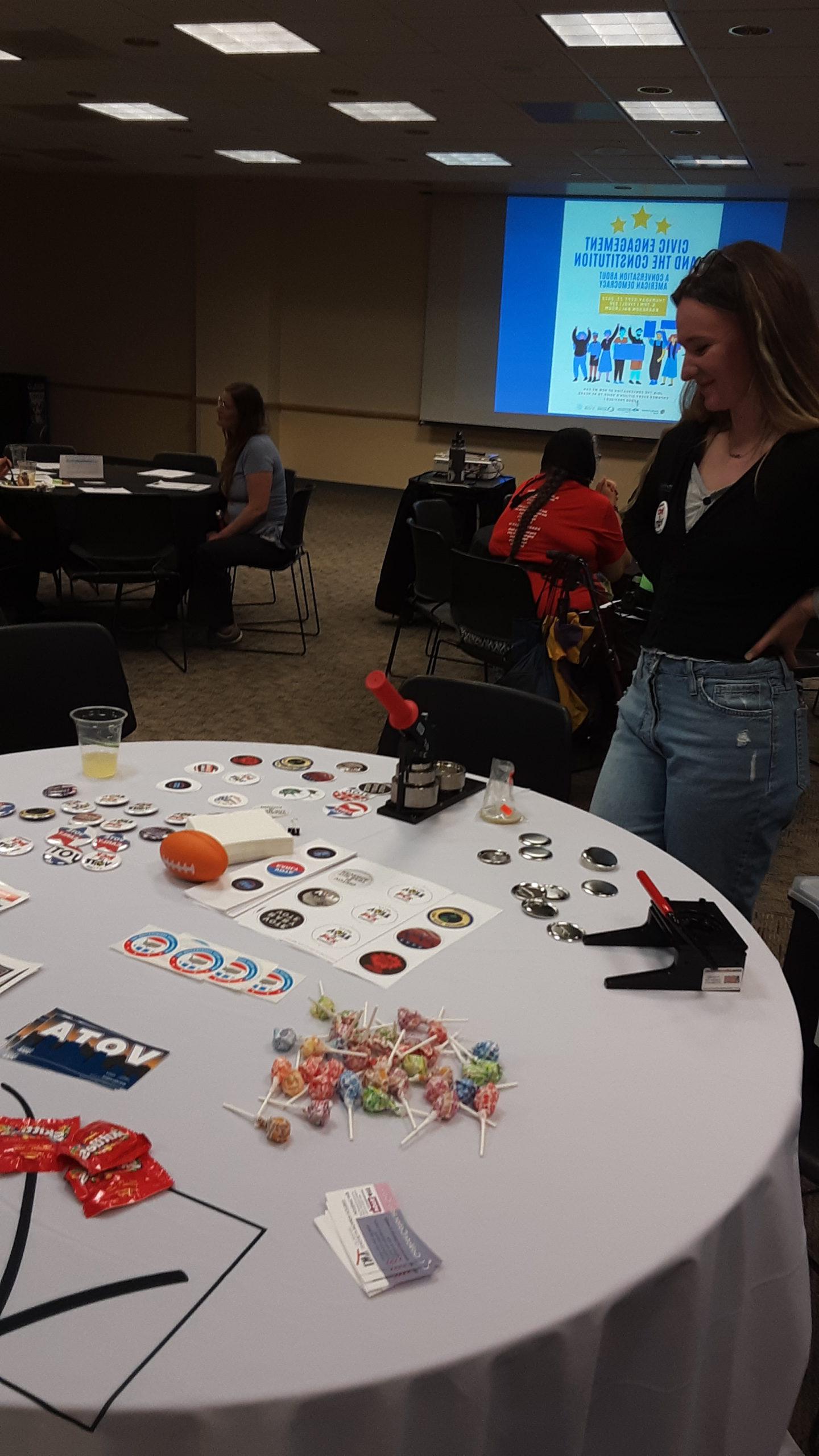 table of voter engagement button and pin makings