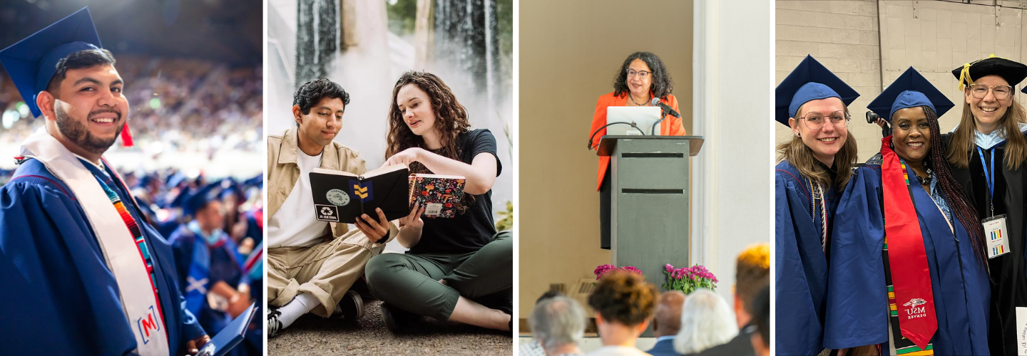 4 images - 1st image is a group of three MSU Denver students at Graduation, 2nd photo is a women speaking at a podium, 3rd image is two students reading, 4th image is a student at graduation